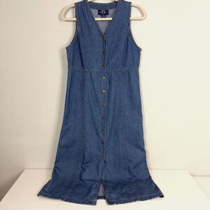 Vintage TY Wear Denim Snap Front Midi Sleeveless Dress 8P
